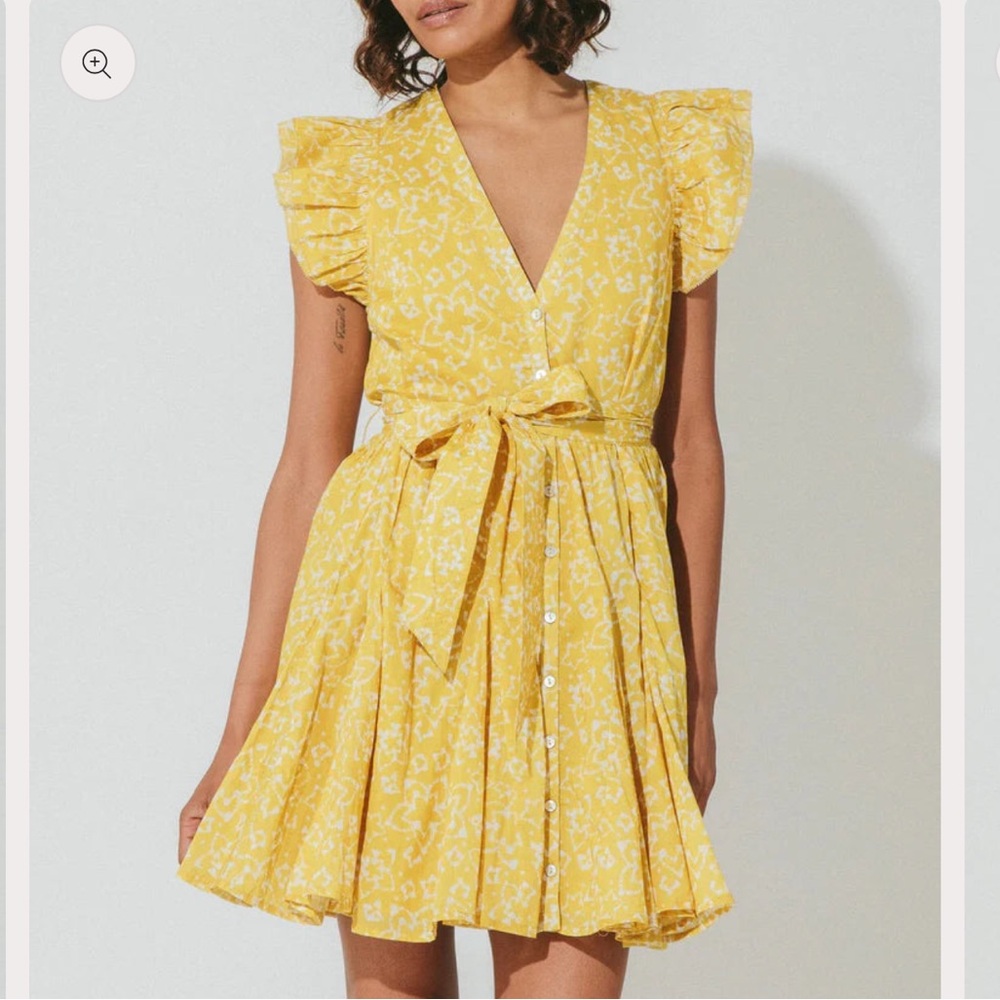 Cleobella Zia Mini Dress Cassia Ruffle Shoulder Yellow White bohemian Sz s